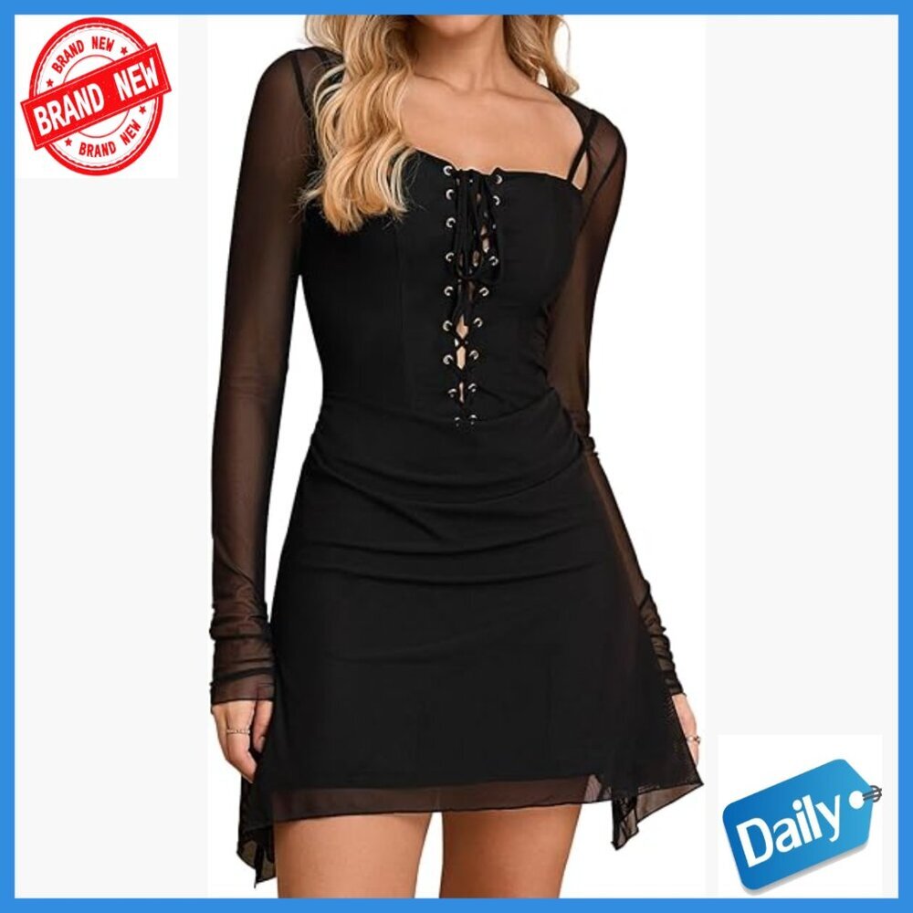 Long Sleeve Bodycon Mini Dress with Ruffle and Lace Up Detail